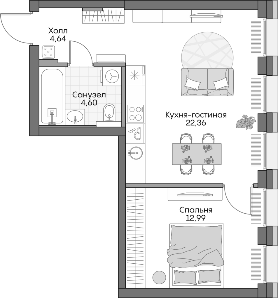 Планировка — Insider, 2-комн., 44 м²