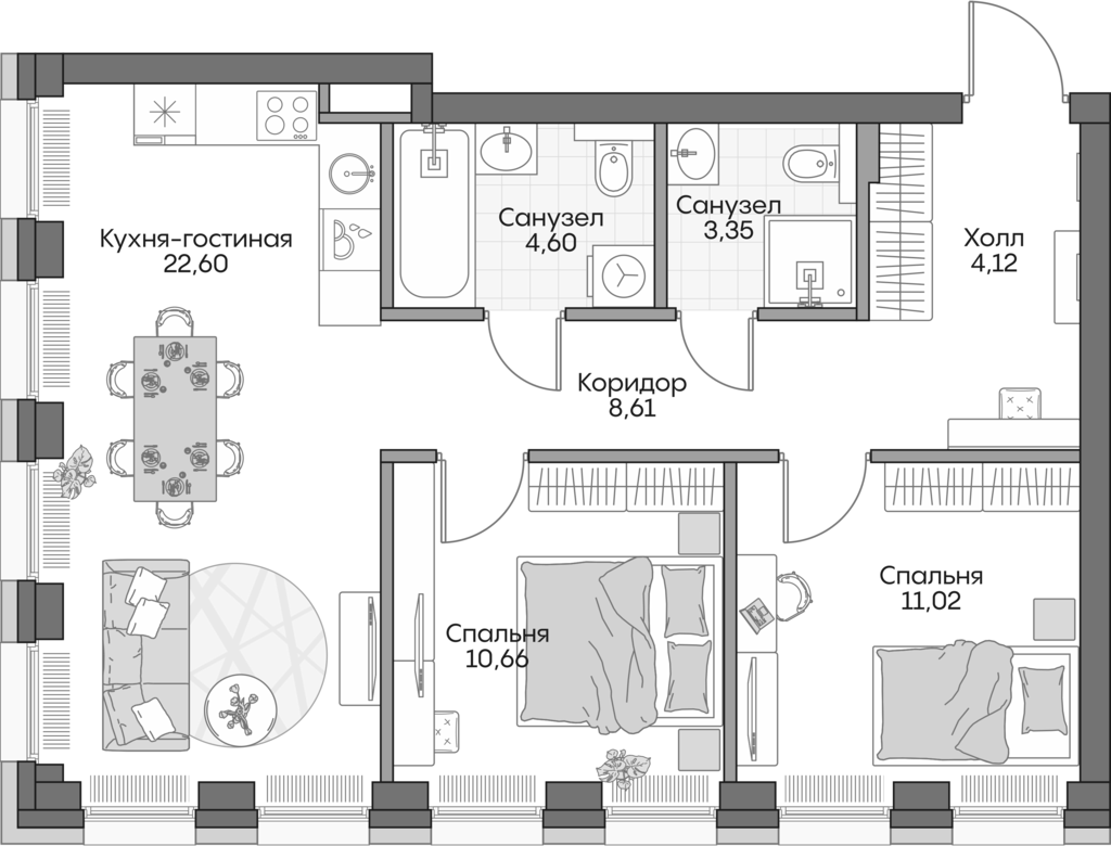 Планировка — Insider, 3-комн., 62 м²