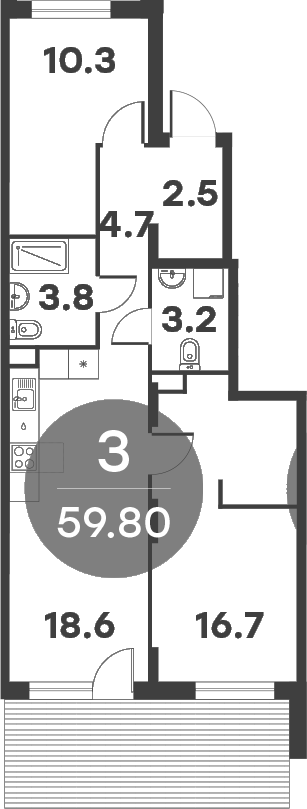 Планировка — Равновесие, 3-комн., 60 м²