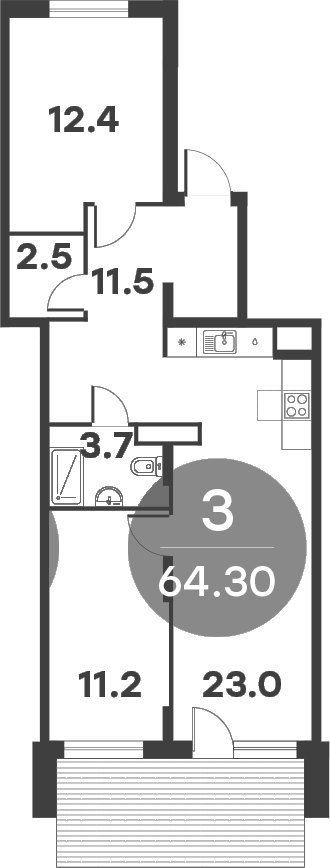 Планировка — Равновесие, 3-комн., 64 м²