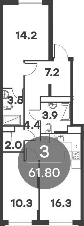 Планировка — Равновесие, 3-комн., 62 м²