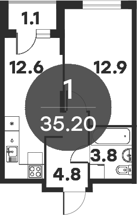 Планировка — Равновесие, 1-комн., 34 м²