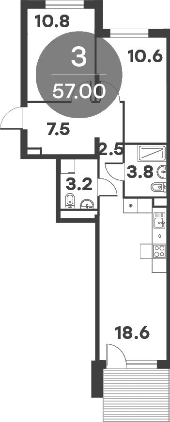 Планировка — Равновесие, 3-комн., 57 м²