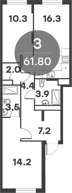 Планировка — Равновесие, 3-комн., 62 м²