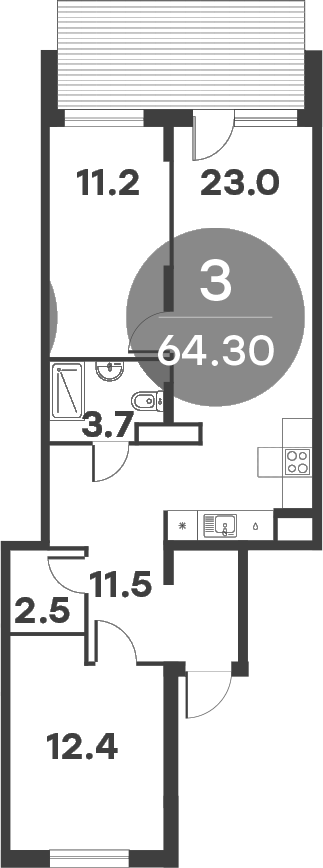 Планировка — Равновесие, 3-комн., 64 м²
