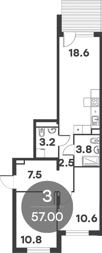 Планировка — Равновесие, 3-комн., 58 м²