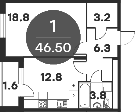 Планировка — Равновесие, 1-комн., 44 м²