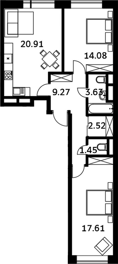 Планировка — Городские истории, 3-комн., 69 м²