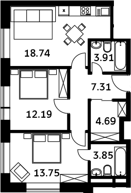 Планировка — Городские истории, 3-комн., 64 м²