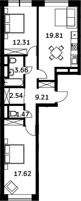 Планировка — Городские истории, 3-комн., 67 м²