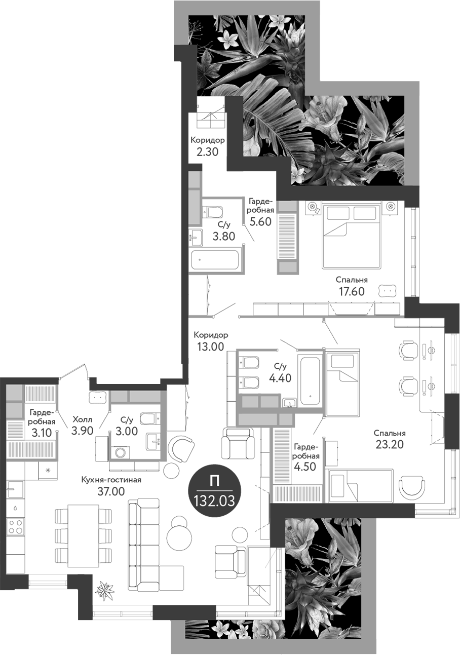 Планировка — Russian Design District, 3-комн., 121 м²