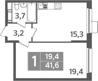 Планировка — Ново-Молоково, 1-комн., 42 м²