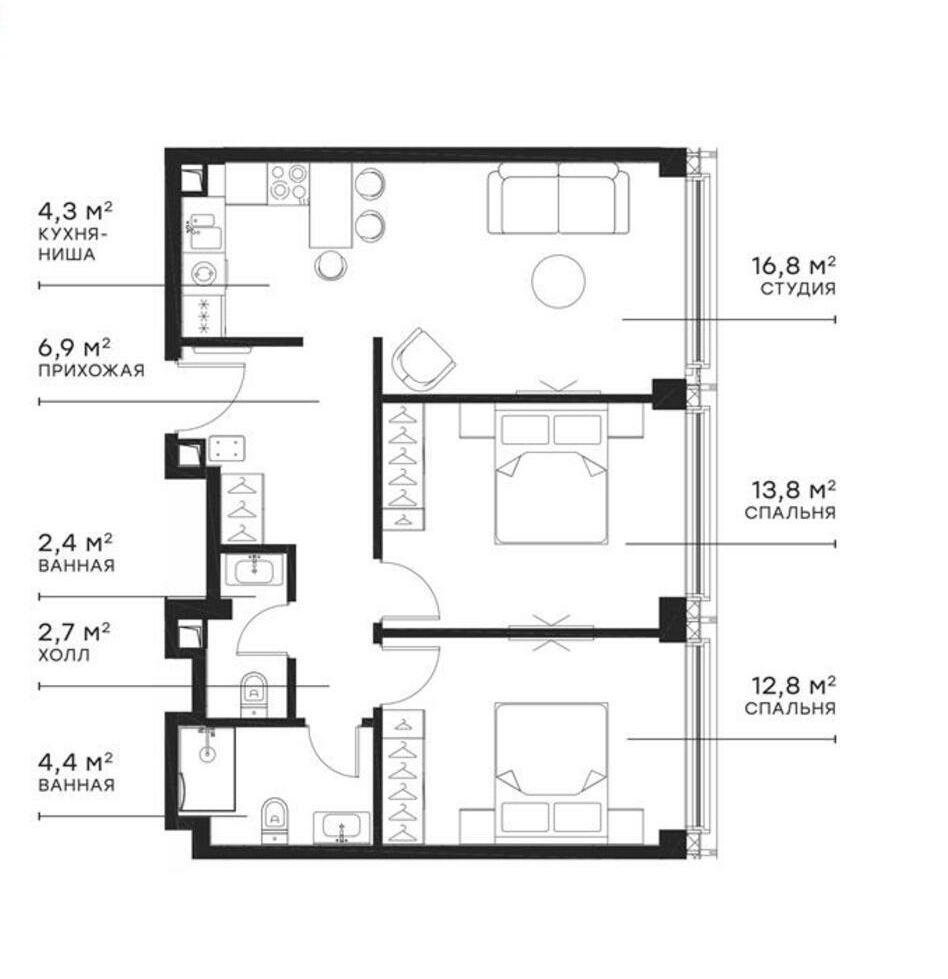 Планировка — Симфония 34, 3-комн., 64 м²