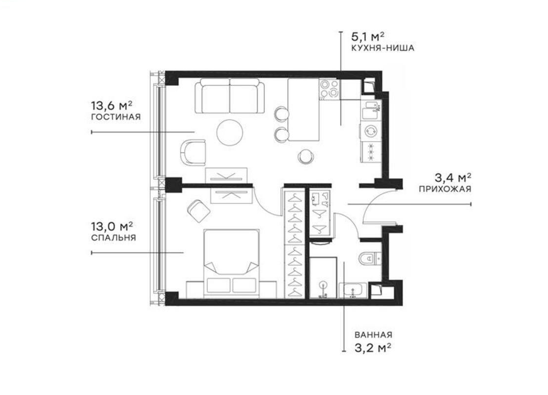 Планировка — Симфония 34, 2-комн., 38 м²