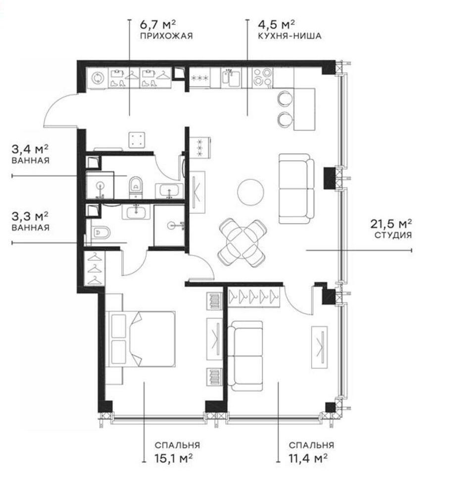 Планировка — Симфония 34, 3-комн., 65 м²