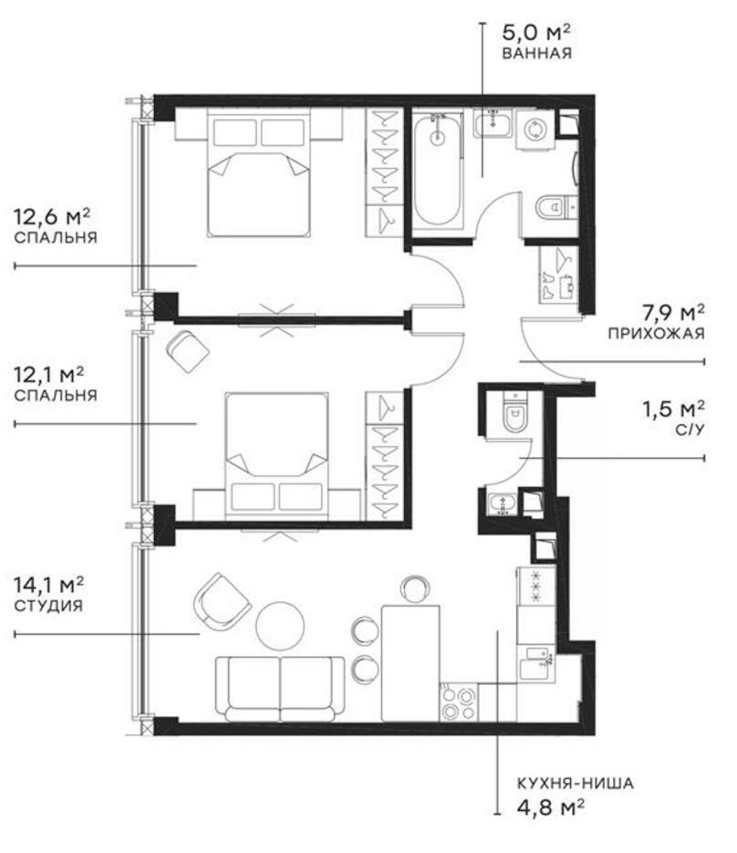 Планировка — Симфония 34, 3-комн., 58 м²