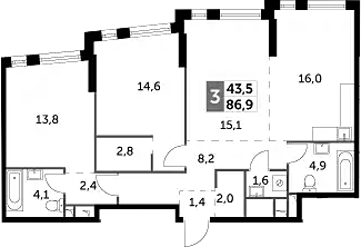 Планировка — Rotterdam, 3-комн., 87 м²
