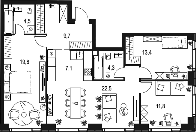 Планировка — Левел Мичуринский, 4-комн., 93 м²