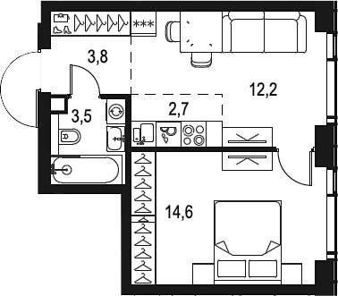 Планировка — Левел Мичуринский, 2-комн., 37 м²