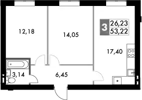 Планировка — Парк Апрель, 3-комн., 53 м²