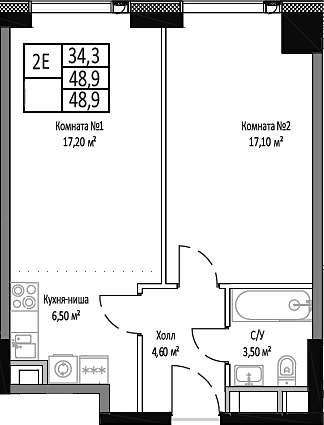 Планировка — Мираполис, 2-комн., 49 м²