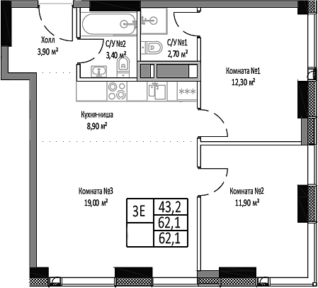 Планировка — Мираполис, 3-комн., 62 м²
