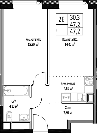 Планировка — Мираполис, 2-комн., 47 м²