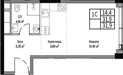 Планировка — Мираполис, Студия, 32 м²