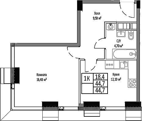 Планировка — Мираполис, 1-комн., 45 м²