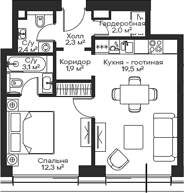 Планировка — Сити Бэй, 2-комн., 44 м²
