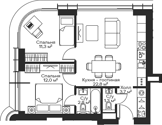 Планировка — Сити Бэй, 3-комн., 53 м²