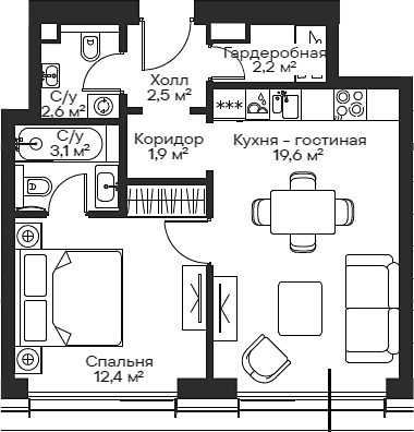 Планировка — Сити Бэй, 2-комн., 44 м²