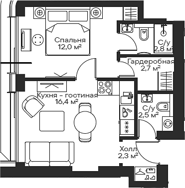 Планировка — Сити Бэй, 2-комн., 39 м²