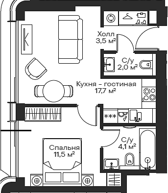 Планировка — Сити Бэй, 2-комн., 39 м²