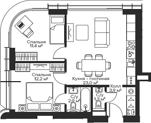 Планировка — Сити Бэй, 3-комн., 53 м²
