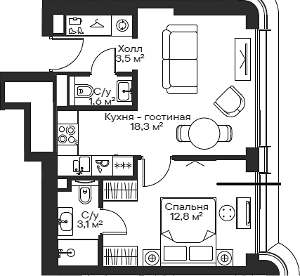 Планировка — Сити Бэй, 2-комн., 39 м²