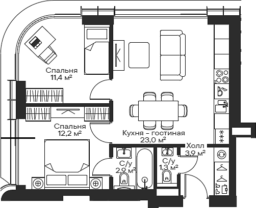 Планировка — Сити Бэй, 3-комн., 53 м²
