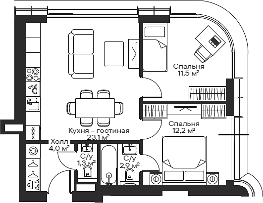 Планировка — Сити Бэй, 3-комн., 54 м²