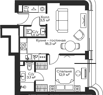Планировка — Сити Бэй, 2-комн., 39 м²