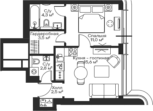 Планировка — Сити Бэй, 2-комн., 40 м²