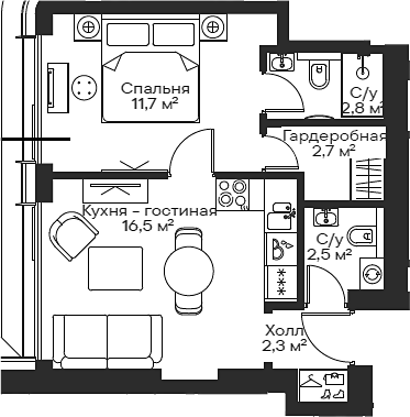 Планировка — Сити Бэй, 2-комн., 39 м²