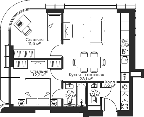 Планировка — Сити Бэй, 3-комн., 54 м²