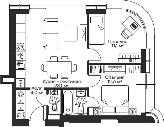 Планировка — Сити Бэй, 3-комн., 54 м²