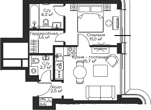 Планировка — Сити Бэй, 2-комн., 40 м²