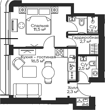 Планировка — Сити Бэй, 2-комн., 38 м²