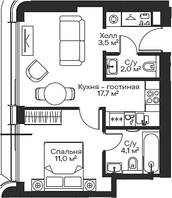 Планировка — Сити Бэй, 2-комн., 38 м²