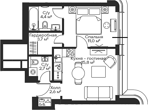Планировка — Сити Бэй, 2-комн., 40 м²