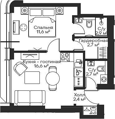 Планировка — Сити Бэй, 2-комн., 39 м²