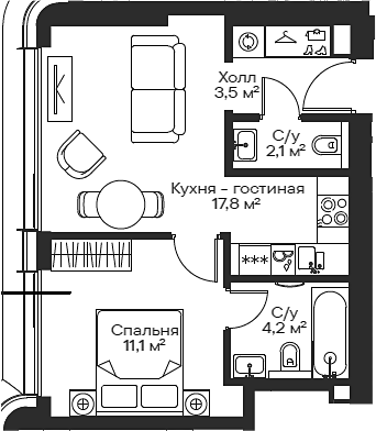 Планировка — Сити Бэй, 2-комн., 39 м²