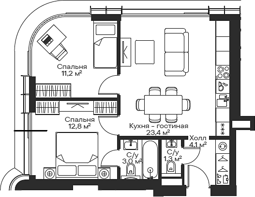 Планировка — Сити Бэй, 3-комн., 55 м²
